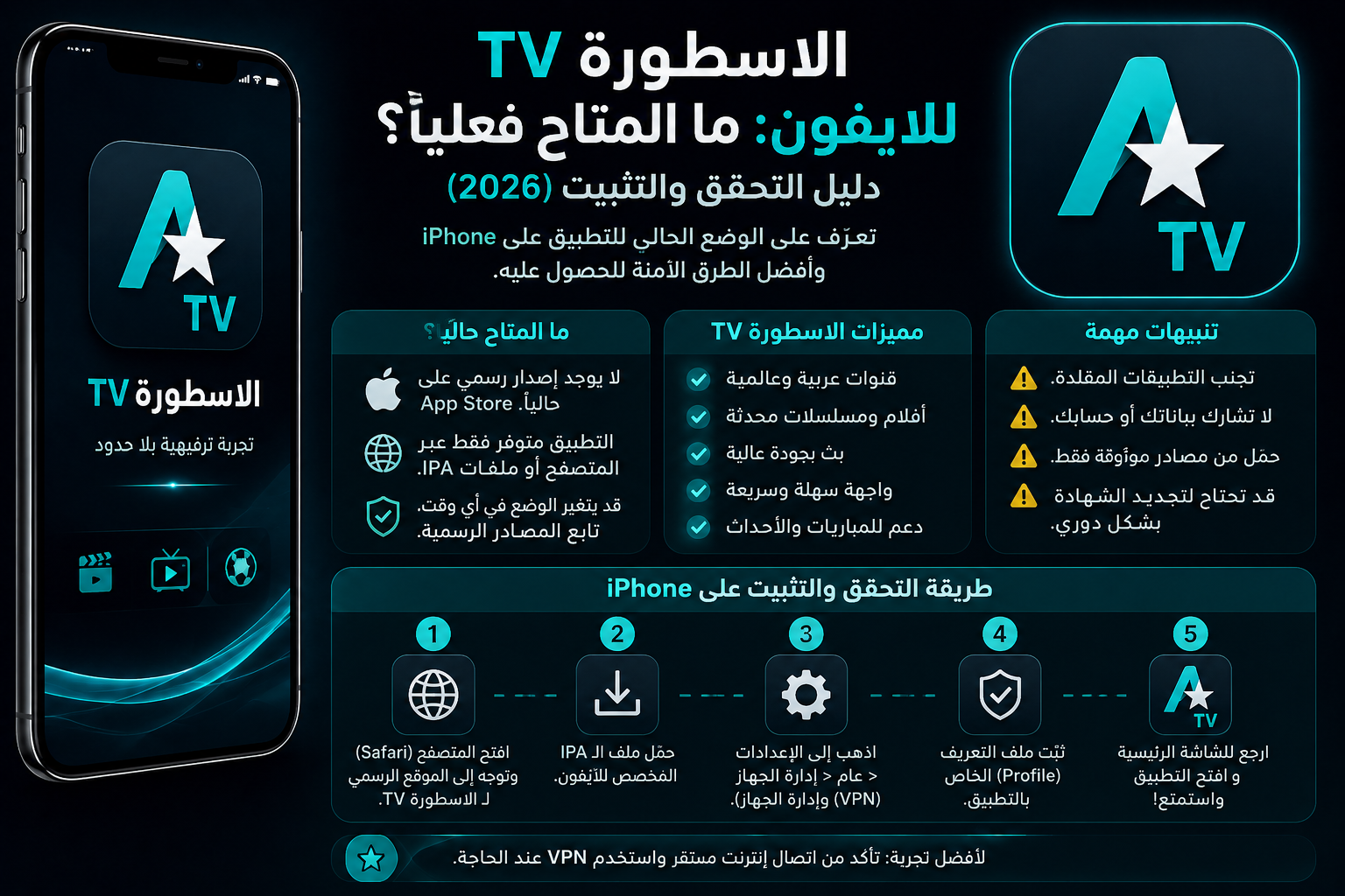 الاسطورة TV للايفون: ما المتاح فعلياً؟ دليل التحقق والتثبيت (2026)